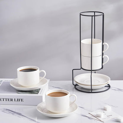 YOLIFE 8oz Porcelain Stackable Cappuccino Cups with Saucers and Metal Stand Set of 4, Coffee cups for Espresso, Specialty Coffee Drinks, Latte, Americano and Tea - White