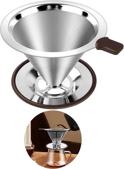 Reusable Paperless Coffee Filter V60,Coffee Dripper,Professional Stainless Steel Drip Cone Brew Coffee Strainer,Double Micro Mesh Filter,Coffee Filter Mug,Silicone Handle & Non-Slip Silicone Base (M)