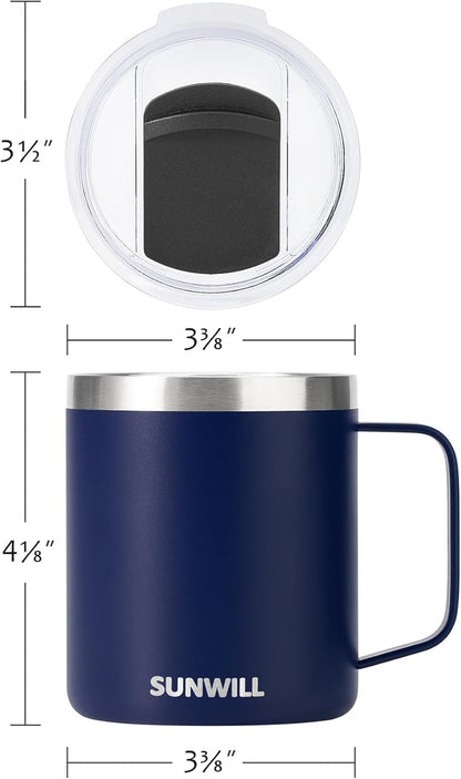 SUNWILL Travel Coffee Mug Set of 2, Insulated Tumbler with Lid, 14 oz Stainless Steel Cup with Handle for Camping, Office, Home, Powder Coated Navy Blue & Wine Red
