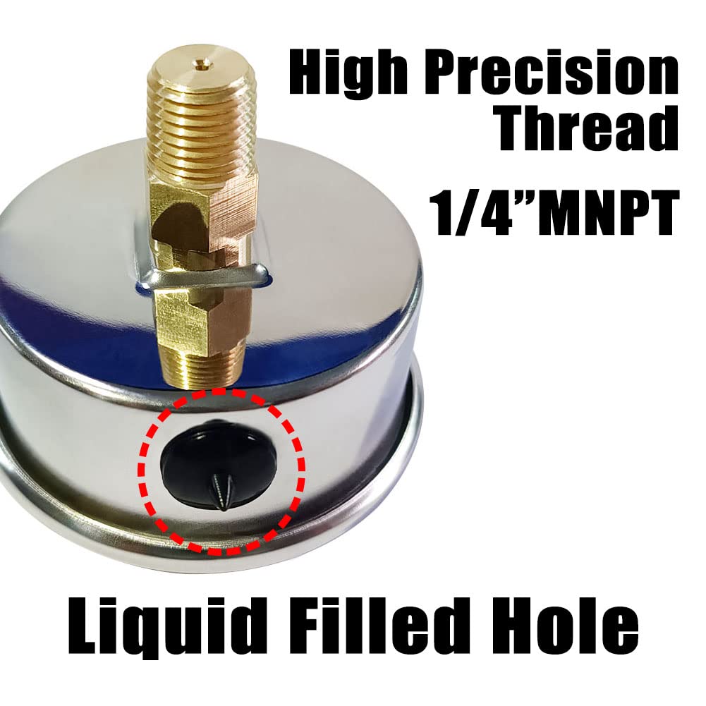 Pressure Gauge 1/4" NPT 0-30Psi Glycerin Filled 2 1/2 inch Dial 304 Stainless Steel Case Center Back Mount