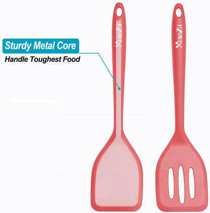 Silicone Spatula Turner Set, High Heat Resistant Spatulas with Seamless One Piece Design, Nonstick Rubber Flippers Utensils for Baking & Cooking,BPA-Free, Red, 11 IN