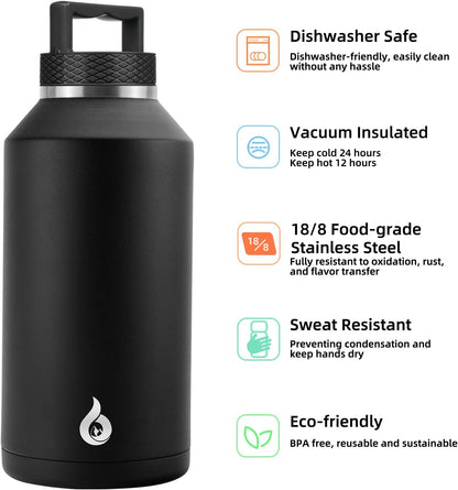 BJPKPK Half Gallon Water Bottle Insulated, Dishwasher Safe 64 oz Water Bottle with Handle, Leakproof BPA Free Water Jug, Large Stainless Steel Thermos for Sports, Black