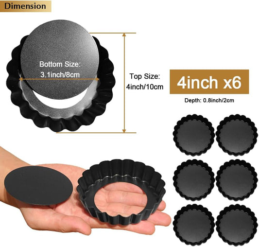 6 Pack Mini Tart Pans 4 Inch with Removable Bottom Round Non-stick Deep Quiche Pan, Heavy Duty Fluted Side for Pies, Egg Tart Molds for Baking, Mousse Cakes, Fruit and Desserts (4 Inch 6pcs)