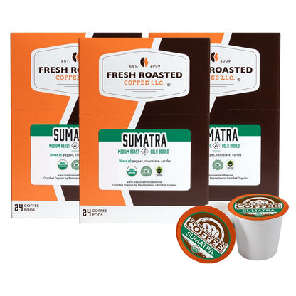 Fresh Roasted Coffee, Organic Sumatra | 100% Single Origin, USDA Organic, Kosher | Medium Roast K-Cup Compatible | 72 Pods