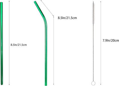10 Pcs Stainless Steel Straws, Reusable Drinking Straws, 5 Straight + 5 Bent Metal Straws Set With 2 Pcs Cleaning Brushes (Green, 8.5 Inch)