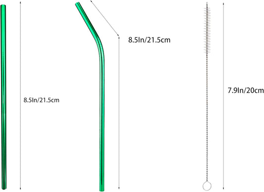 10 Pcs Stainless Steel Straws, Reusable Drinking Straws, 5 Straight + 5 Bent Metal Straws Set With 2 Pcs Cleaning Brushes (Green, 8.5 Inch)