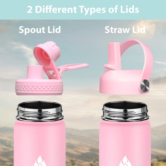 SENDESTAR Stainless Steel Wide Mouth Water Bottle 24oz Double Wall Vacuum Insulated Leak Proof Bottle with New Flex Straw Lid & Spout Lid XIN-PH-0750-1