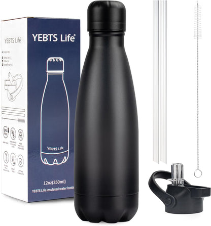 Insulated Water Bottle, 12oz Stainless Steel Water Bottles with straw lid, Metal Sports Water Bottles for Boys,Girls, Double Wall Vacuum BPA-Free Flask for School, Sports & Travel-Black