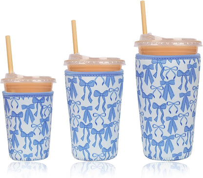 Reusable Insulated Neoprene Iced Coffee Cup Sleeve, Durable Drink Sleeve for Cold Beverages, Beverage Holder for Iced Coffee, Blue Bows