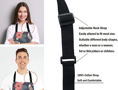 Cute Fox Family and Flowers Bib Apron with Adjustable Neck for Men Women,Suitable for Home Kitchen Cooking Waitress Chef Grill Bistro Baking Apron