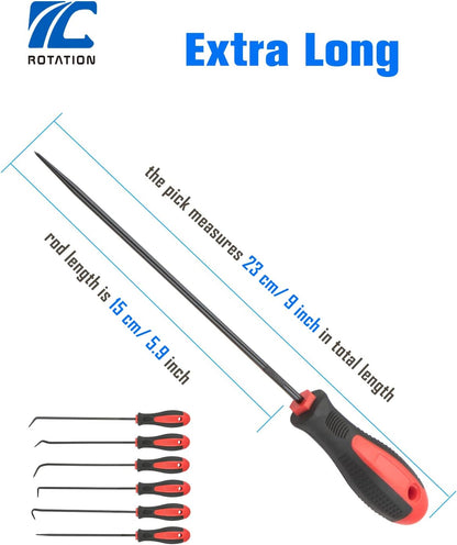 ROTATION Extra Long Precision Hook and Pick Set, 6-Piece Set, Chrome Vanadium Steel Shaft, for Remove Hoses and Gaskets, Auto and Electronics Maintenance Tools
