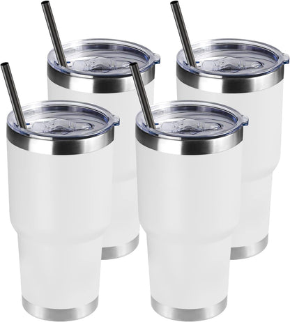 DOMICARE 30 oz Tumbler with Lid and Straw, Stainless Steel Tumblers Bulk, Insulated Vacuum Double Wall Travel Coffee Mug, Durable Powder Coated Tumbler Cups (White, 4)