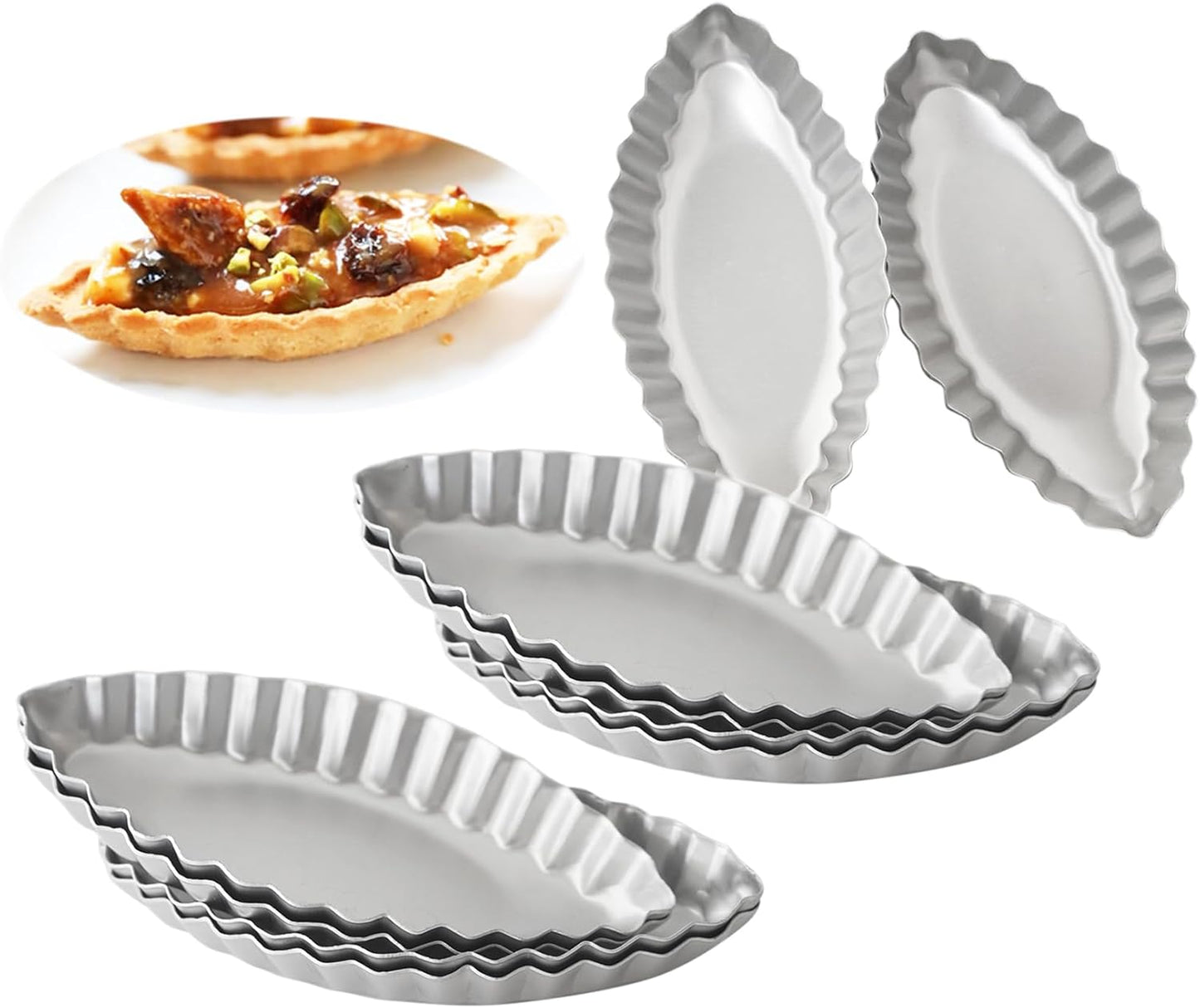 10PCS Egg Tart Pan Boat Shape, Aluminum Small Fluted Oval Tart Mold, Boat Molder for Baking Wavy Tartlet, Fruit Tats, Quiches - Silver