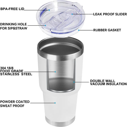 DOMICARE 30 oz Tumbler with Lid and Straw, Stainless Steel Tumblers Bulk, Insulated Vacuum Double Wall Travel Coffee Mug, Durable Powder Coated Tumbler Cups (White, 8)