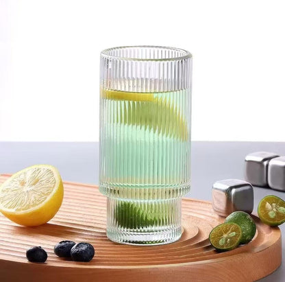 16OZ Ribbed Glass Cups with Lids and Straws,Iced Coffee Cups with Bamboo Lid,Vintage Glassware for Whiskey Cocktail Beer Fruit Juice Glasses Tumbler(4 Pack)