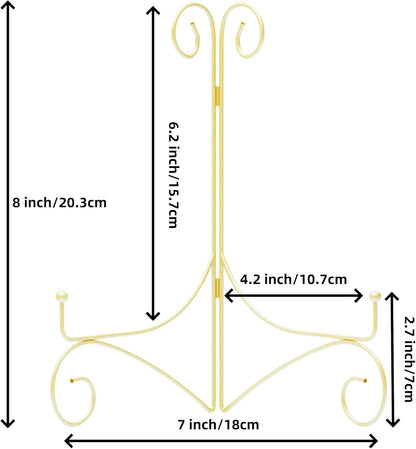 Plate Display Stands with Hinged Folding Design, 8 Inch Picture Frame Stand for Tables, Decorative Easels for Plates, Photos, Cards and Books, 8’’ Gold