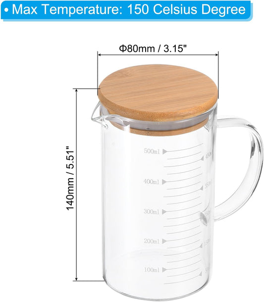PATIKIL 500ml Glass Measuring Cup, 3.3 Borosilicate Glass Graduated White Printed Scale Liquid Measure Cups Beaker with Wood Lid and V-Shaped Spout for Kitchen