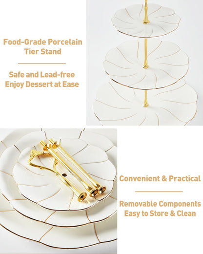 DUJUST Luxury Porcelain 3-Tier Cupcake Stand Tower, British Style Serving Tray with Golden Trim, Food Grade Dessert Display Stand, Beautiful Gift for Tea Party & Home Décor