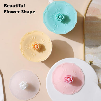 rose Silicone Cup Covers (Set of 4) ， Multicolored Silicone Lids for Mugs, Cups, Tea Pots,Flexible Mug Covers，Hot Cup Lids for Coffee & Tea