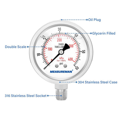 MEASUREMAN Fully Stainless Steel Hydraulic Glycerin Filled Pressure Gauge, 2-1/2" Dial Size, 1/4" NPT Lower Mount, 0-60psi/kpa