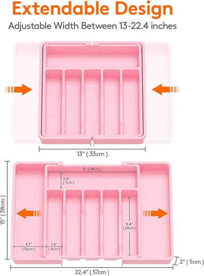 Lifewit Silverware Drawer Organizer, Expandable Utensil Tray for Kitchen, BPA Free Flatware and Cutlery Holder, Adjustable Plastic Storage for Spoons Forks Knives, Large, Pink