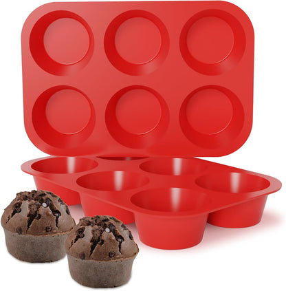 Silicone Jumbo Muffin Pan, 3.5 Inch Silicone Texas Muffin Pan 6 Cup Large Cupcake Pan Nonstick BPA Free 2 Pack Red