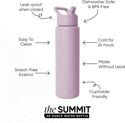 Simple Modern Water Bottle with Straw Lid | Vacuum Insulated Stainless Steel Metal Thermos | Reusable Leak Proof BPA-Free Flask for Sports Gym | Summit Collection | 30oz, Lavender Mist