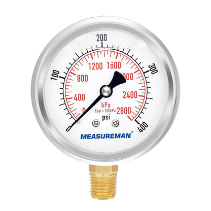 MEASUREMAN 2-1/2" Dial Size, Glycerin Filled Pressure Gauge, 0-400psi/2800kpa, 304 Stainless Steel Case, 1/4" NPT Lower Mount