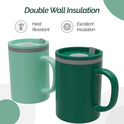 Copco Iconic 16oz Double Wall Insulated Desk Mug with Lid & Handle, Set of 2, BPA-Free Reusable Plastic, Spill-Proof, Microwave & Dishwasher Safe, Wide Mouth, Cup Holder Friendly (Green/Hunter Green)