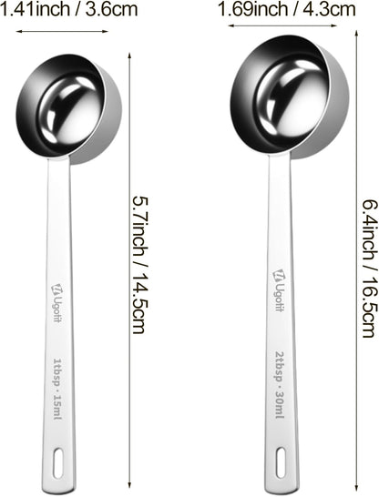 Coffee Scoop 1 Tablespoon, Long Handle Measuring Spoons Set for Coffee, Tea, Flour, Spices - 304 Stainless Steel with Hanging Hole (Pack of 2)