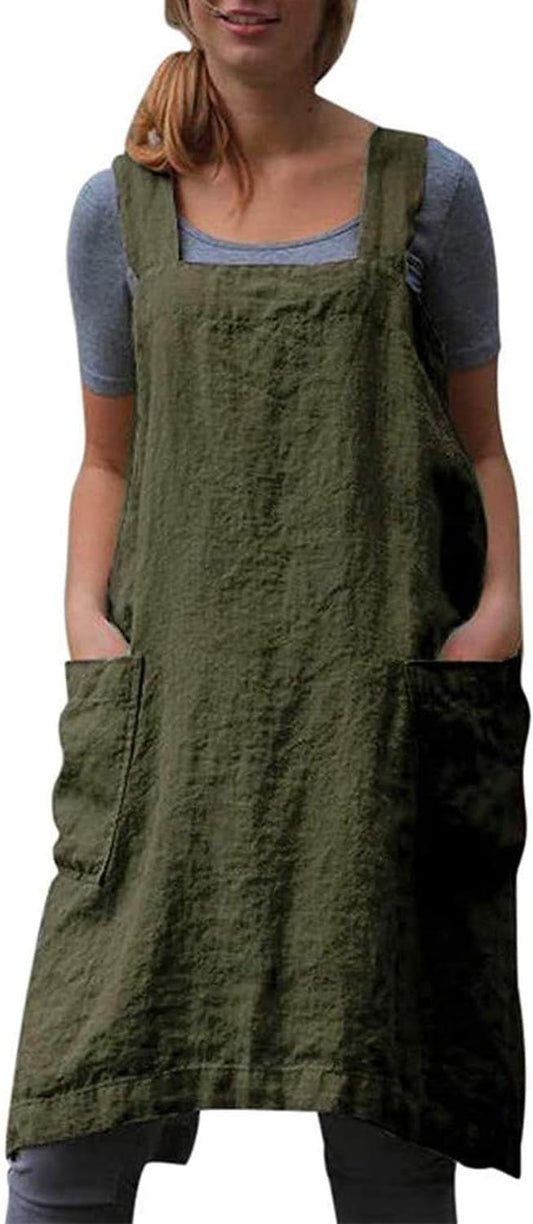 YESDOOD Cotton Linen Apron Cross Back Apron for Women with Pockets Pinafore Dress for Baking Cooking