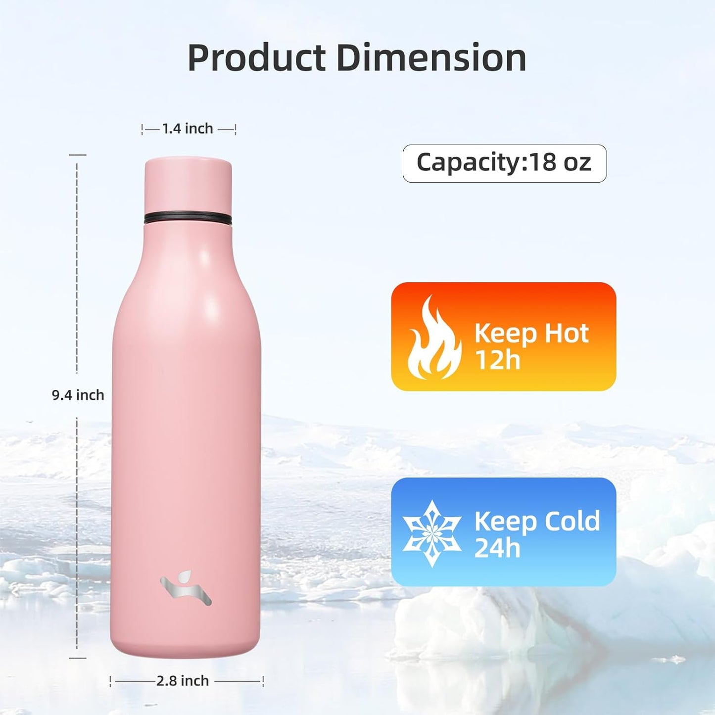Insulated Water Bottle with Strap,18 oz Double Wall Stainless Steel Vacuum Bottles Metal Water Flask,Light Pink