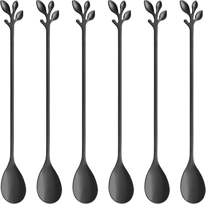 AnSaw 6-Piece Elegant Black Leaf Long Handle Teaspoons - 7.4" Stainless Steel Stir Spoons for Coffee & Tea, Perfect for Mixing & Stirring