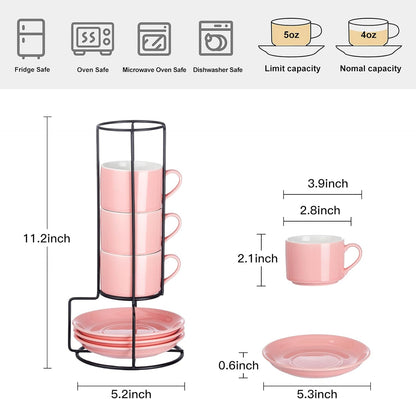 4oz Porcelain Stackable Espresso Cups with Saucers and Metal Stand Set of 4, Stackable Cappuccino Cups, Pink Expresso Shots Cup Set for Coffee Drinks, Latte, Americano, Tea