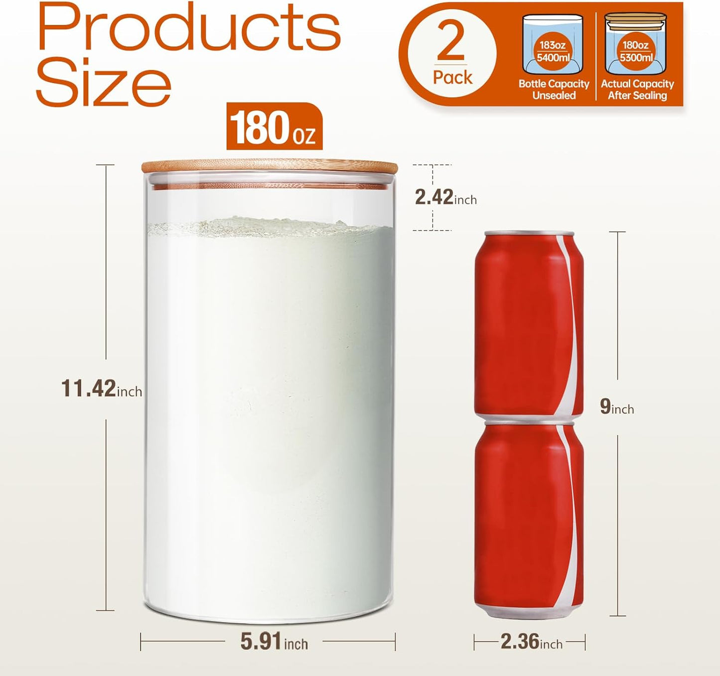 Large Glass Flour and Sugar Containers 180oz x2 [Set of 2], Glass Food Storage Containers with Bamboo Lids, Glass Jar with Airtight Lids for Spaghetti Pasta,Rice,Cereal,Candy,Coffee, Oat