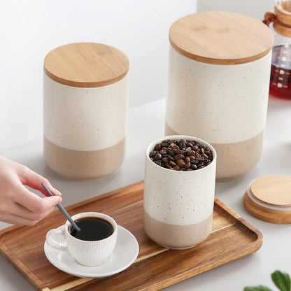 vancasso Sabine Small Ceramic Canister with Airtight Wood Lid - 18 oz Kitchen Storage for Coffee, Sugar, Tea & Spices - Compact Countertop Jar