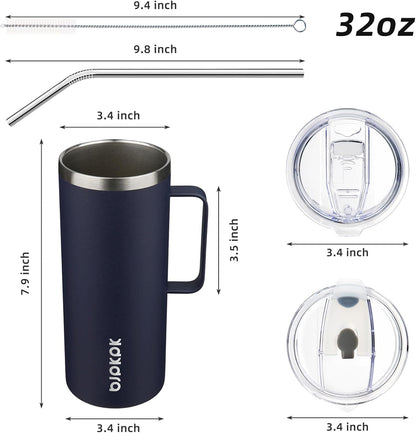 BJPKPK Insulated Coffee Mug with 2 Lids, 32oz Stainless Steel Insulated Tumbler with Handle, Double Wall Vacuum Coffee Cups, BPA Free Travel Mug for Coffee, Tea and Drinks, Navy Blue