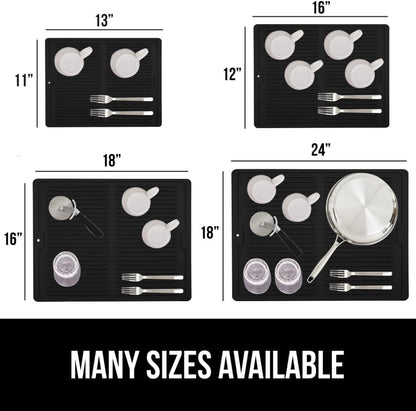GORILLA GRIP 100% BPA-Free Patented Silicone Dish Drying Mat for Kitchen Counter, Water Catching Ribbed Design, Easy Clean Waterproof Sink Liner, Heat Resistant, Fits Under Rack, 16x12 Inch, Black