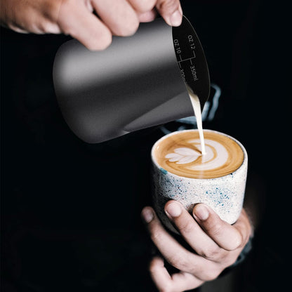 Milk Frothing Pitcher, 12OZ/350ML Stainless Steel Espresso Steaming Pitcher Coffee Milk Frother Cup with Decorating Art Pen for Espresso Machine, Milk Frother, Latte Art Black
