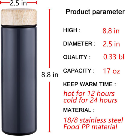 15oz Water Bottle Stainless Steel Thermos Flask - Insulated Vacuum, Leak Proof, Keeps Drinks Hot/Cold - Ideal for Coffee, Tea, Water - Grey