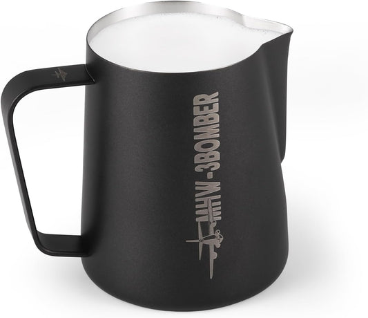 MHW-3BOMBER Milk Frothing Pitcher, 20oz/600ml Milk Frother Cup for Barista, SUS304 Stainless Steel Espresso Steaming Pitchers for Milk/Coffee/Latte Art (Matte Black) P3014B-OS