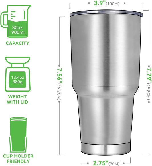 DOMICARE 30 oz Tumbler with Lid and Straw, Stainless Steel Tumblers Bulk, Insulated Vacuum Double Wall Travel Coffee Mug, Durable Powder Coated Tumbler Cups (Stainless Steel, 4)