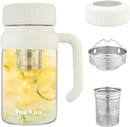 32oz Glass Water Bottle, Tea Bottle with Infuser & Handle, BPA-Free Leakproof Wide Mouth Large Tea Infuser Bottle for Hot or Cold Drinks, Loose Tea, Fruit (White)