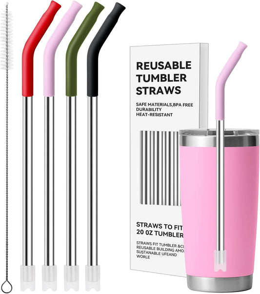Stainless Steel Straws for 20 oz YETI Tumbler, 4 Pcs Metal Straws Reusable with Silicone Tip for 20 oz Stanley Cup and 16 oz Glass Cups(Color 3)