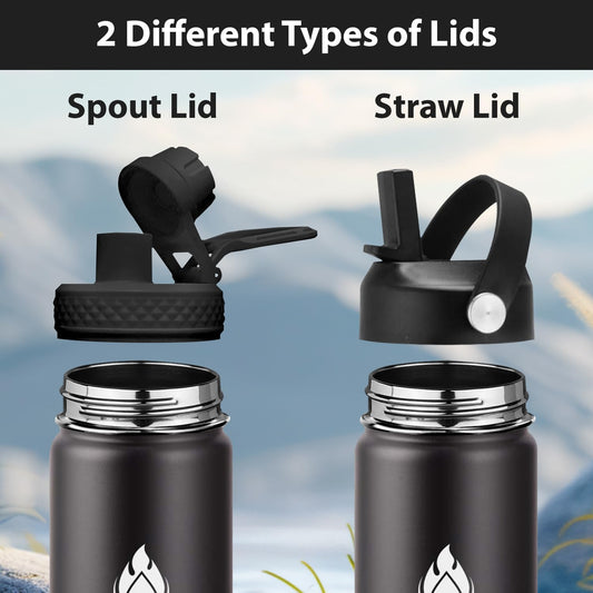 SENDESTAR Stainless Steel Water Bottle, Wide Mouth 24 oz Water Bottle with Straw Lid, Spout Lid, Double Wall Vacuum Insulated Leak Proof, Keeps Liquids Hot or Cold (Black)