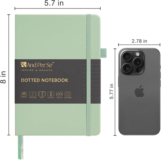 &And Per Se Dotted Journal Notebook, A5 Hardcover Leather Bullet Dotted Journal, 160 Pages 100 gsm Thick Dotted Paper，3 Sheets of Stickers Included - 5.7'' x 8''（Light Green）