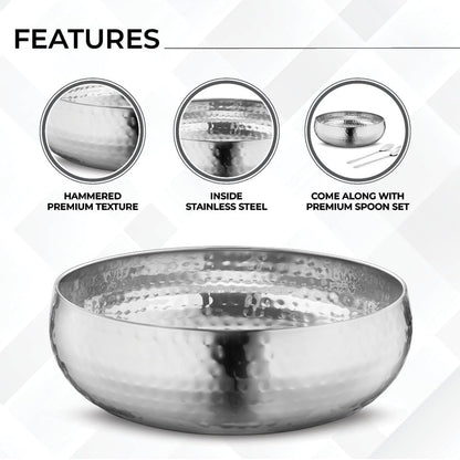 Avador® Set of 3 Premium Stainless Steel Salad Mixing Bowl Hammered Finish | Handmade | Includes Salad Serving Utensils (Stainless Steel)