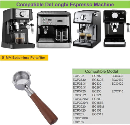 51mm Bottomless Portafilter Compatible with DeLonghi Espresso Machine Stainless Steel 51mm Portafilter 2 Ear for ECP3420/ECP3630/ECP3120/EC260BK/EC265/EC155/EC702/BCO430 Handle-RoseWooden