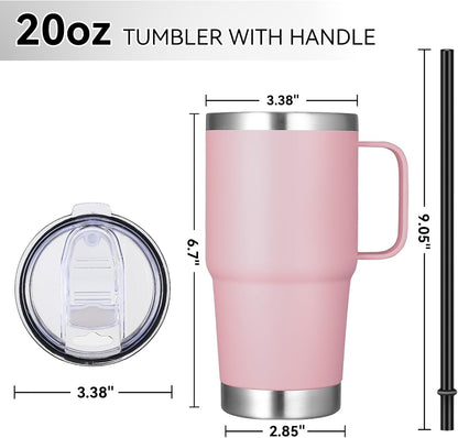VEGOND 20 oz Tumbler Bulk with Handle Lid and Straw, Stainless Steel Insulated Travel Coffee Mug Set, Spill Proof Double Wall Metal Tumblers Cups, Pink 6 Pack