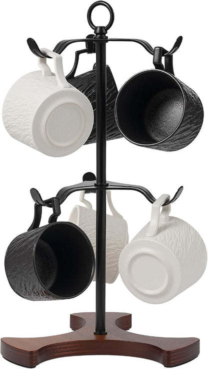 Mug Tree Y-Shaped, Coffee Mug Holder with Angled - Out Iron Hooks (No More Squeezing!), Solid Wood Base & Sturdy Iron Coffee Cup Rack, 6 Hook, Tools Included, Easy Install, Elevate Kitchen Nook Décor